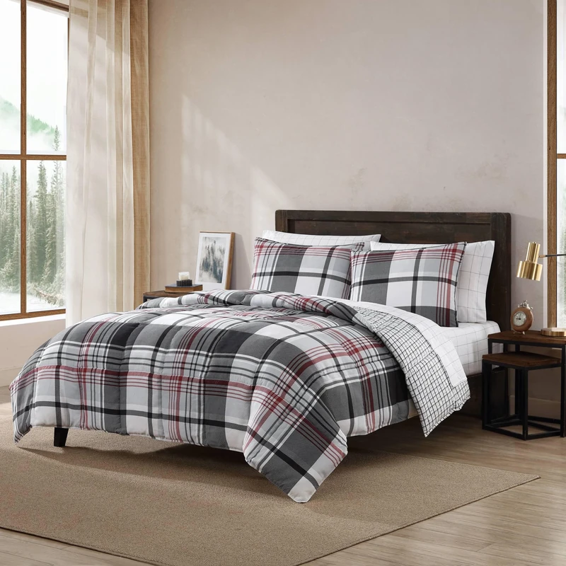 Eddie Bauer Reversible Microsuede Bedding with Matching Sham, Casual Home Decor, Polyester, Normandy Plaid Black, King