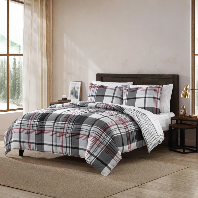 Eddie Bauer Reversible Microsuede Bedding with Matching Sham, Casual Home Decor, Polyester, Normandy Plaid Black, Queen