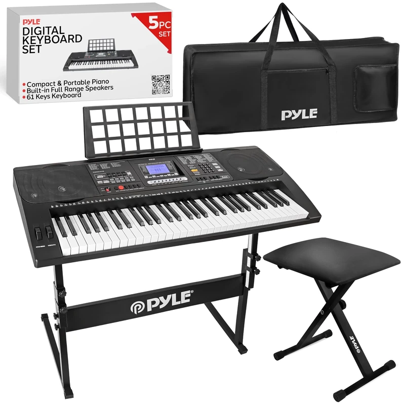 Pyle 61 Keys 2 in 1 Play and Sing Along Portable Electronic Piano Keyboard with Weatherproof Case Bag, Keyboard Stool, and Keyboard Stand, Black