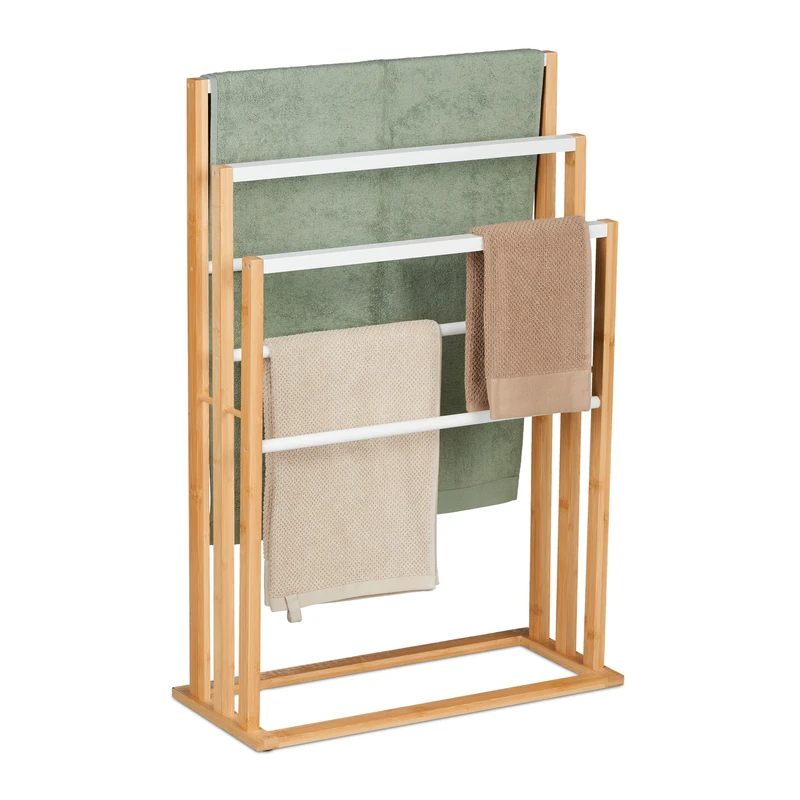 Relaxdays Towel Rack, 6 Bars, MDF & Bamboo, HWD: 82x55x24 cm, Free-Standing Airer, Bathroom Drying Rail, White/Natural