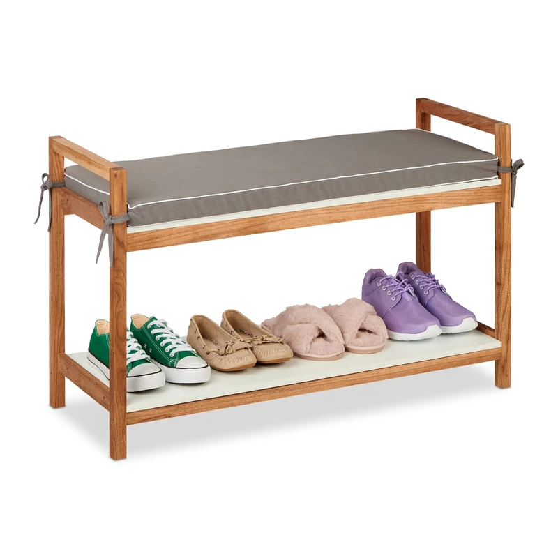 Relaxdays Shoe Bench, 1 Shelf, Shoeshelf with Seat, Upholstered, 55 x 90x 34 cm, for Hallway or Bedroom, Natural/Grey, Wood