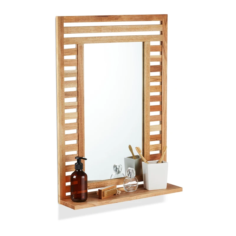 Relaxdays Bathroom Mirror, 70% wood 30% glass, Natural, 70 x 50 x 12 cm