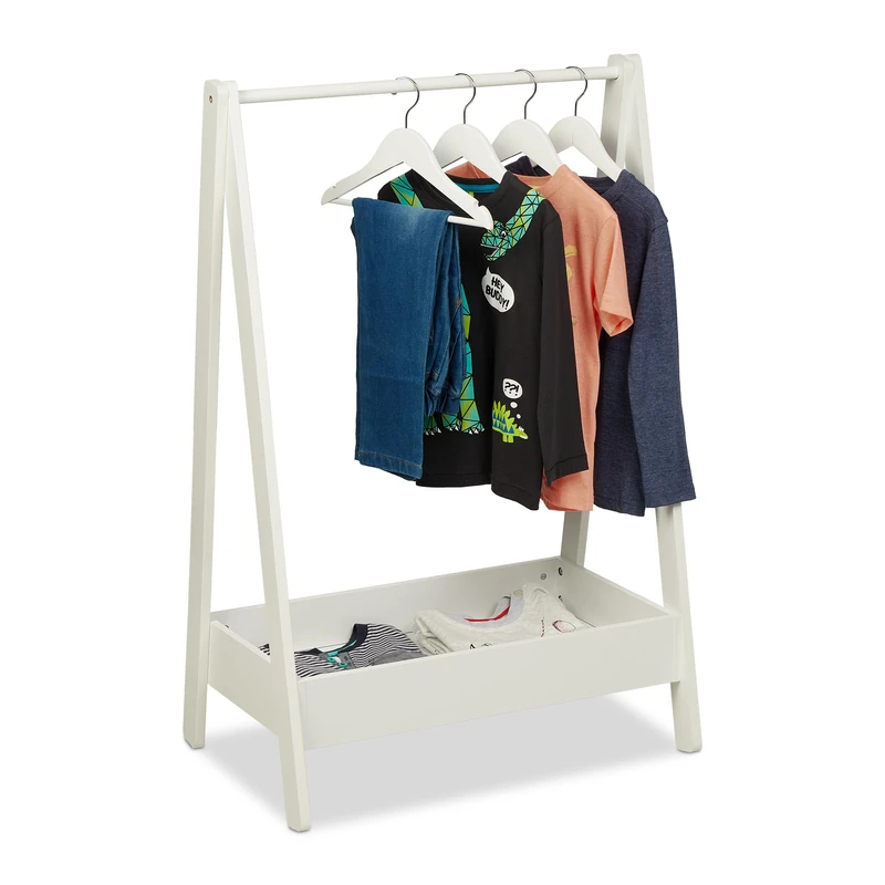 Relaxdays Coat Rack Children, Clothes Rail with Shelf, Kids Room, Floor Standing Storage, 99 x 64.5 x 42.5 cm, White, Fibreboard