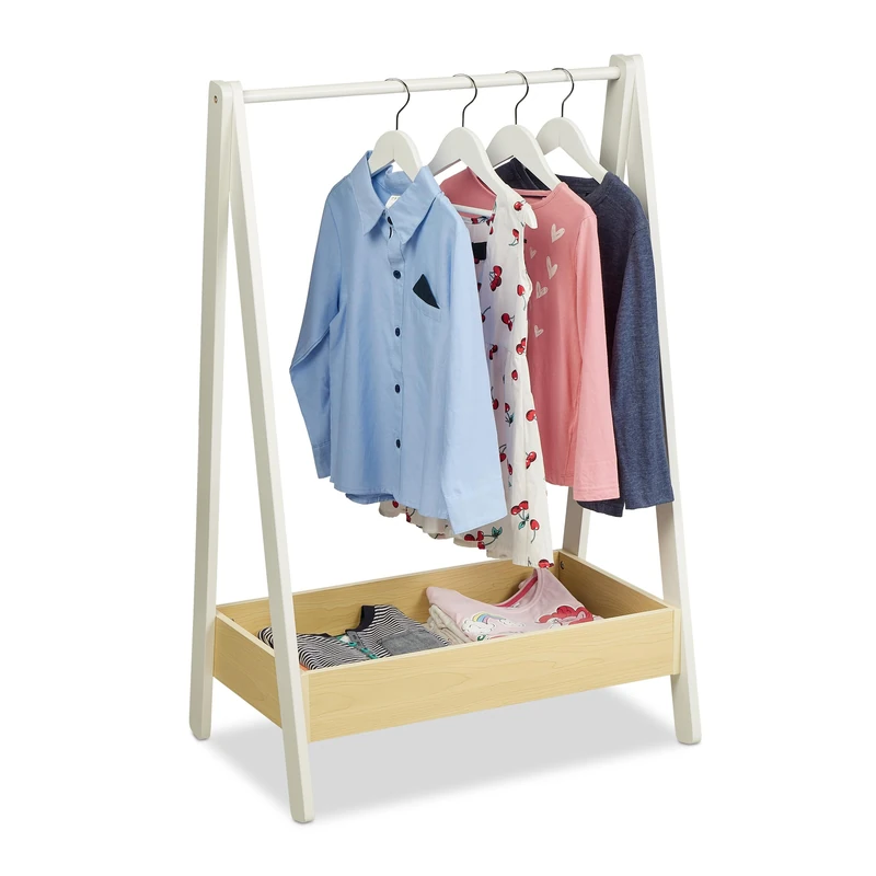 Relaxdays Coat Rack Children, Clothes Rail with Shelf, Kids Room, Floor Standing, 99 x 64.5 x 42.5 cm, White/Natural, Fibreboard
