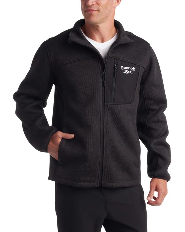 Reebok Men's Lightweight Fleece Jacket - Full Zip Up Active Fleece Jacket for Men – Performance Jacket for Men (M-XXL), Black Heather/Black, XL