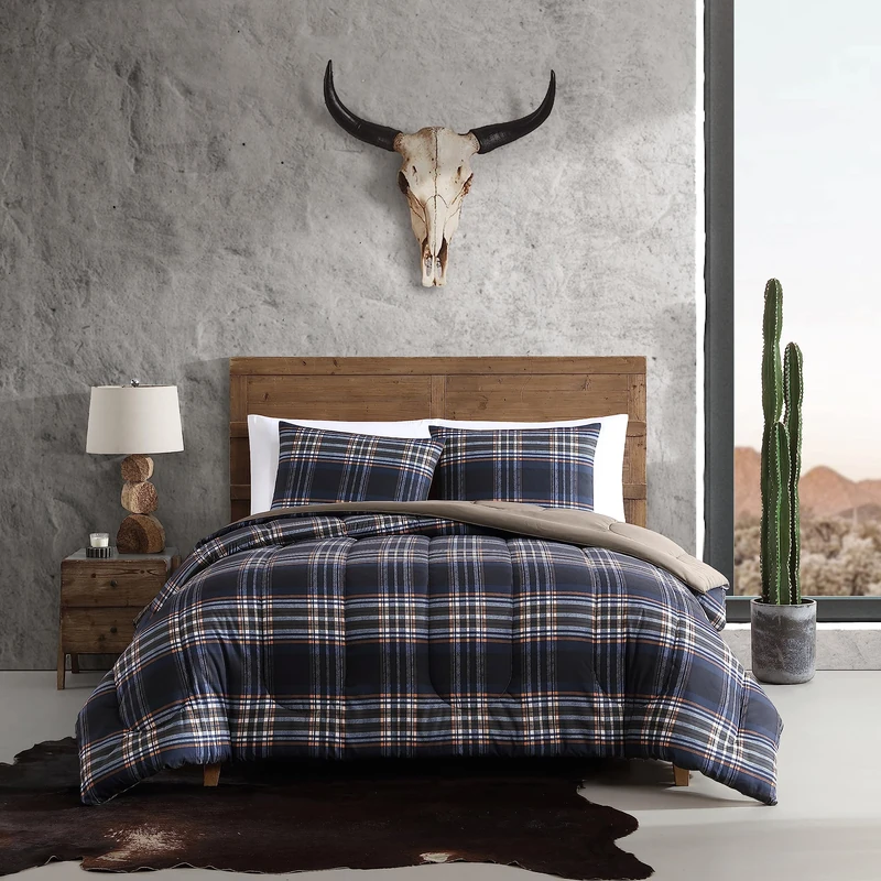 Wrangler- Queen Duvet Cover Set, Reversible Bedding Set with Matching Sham(s), Yellowstone Inspired, Casual Home Décor (City Flats Plaid Blue, Queen)