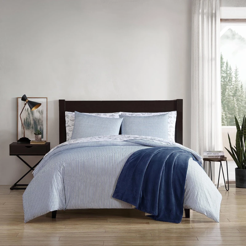 Eddie Bauer- Queen Duvet Cover Set, Cotton Bedding Set with Matching Sham(s), Casual Home D cor (Ticking Stripe Navy, Queen)
