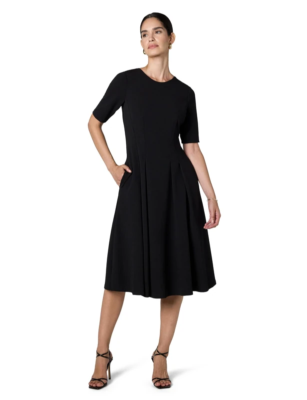 Maggy London Women's Short Sleeve Double Pleat Midi Dress, Black, 20