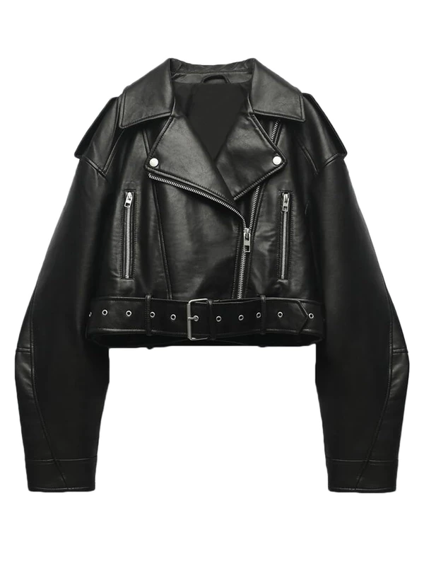 LY VAREY LIN Women Faux Leather Cropped Jacket Lapel Zipper Biker Short Coat with Belt, 2371black, Large