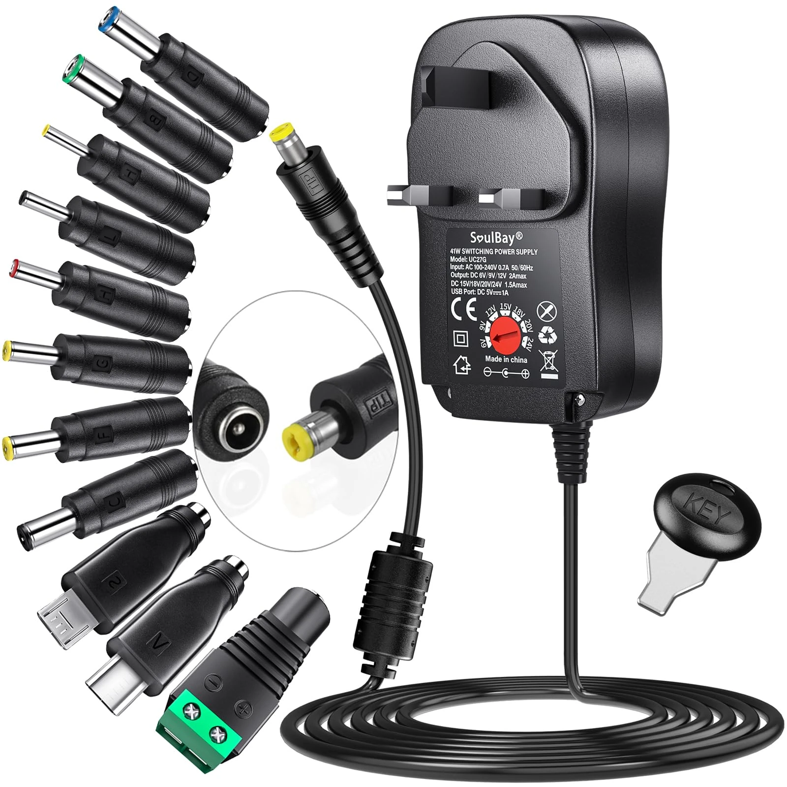 SoulBay 41W 6V 9V 12V 15V 18V 20V 24V Universal AC/DC Adapter Switching Power Supply Charger with 11pcs DC Tips, Contains USB-C & Micro USB Plug for Household Electronics LED Strip Router - 2000mA Max