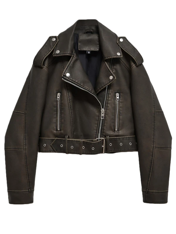 LY VAREY LIN Women Faux Leather Cropped Jacket Lapel Zipper Biker Short Coat with Belt, 2371dark Green, X-Large - Image 1