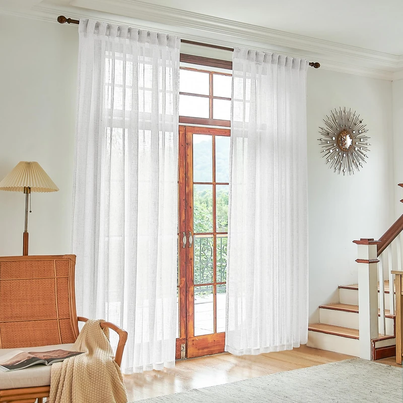 White Linen Sheer Curtains 96 Inch Length for Extra Wide Windows 84 Inch Width 2 Panel Back Tab Pocket Light Filter Semi Sheer Long Skinny Curtains for Living Room Rustic Farmhouse 8 FT Wide 84 x 96