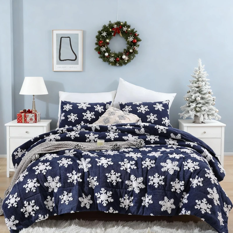 JANZAA Christmas Bedding Queen Comforter Set Navy Blue Comforter Queen Size with White Snowflake Stereoscopic 3 Pieces Queen Bedding Set Fluffy Comforter