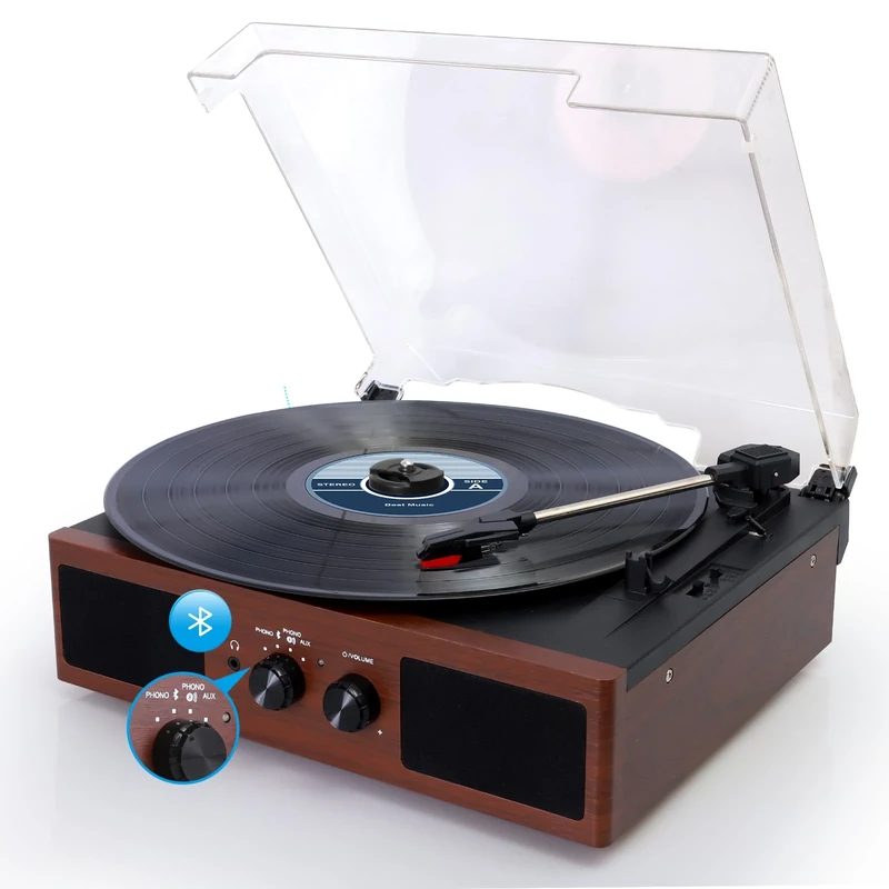 Hernido Vinyl Record Player, Belt-Driven 3-Speed Turntable, Bluetooth Speaker with Input & Output Function, Supports AUX-in, RCA Output, Headphone Jack