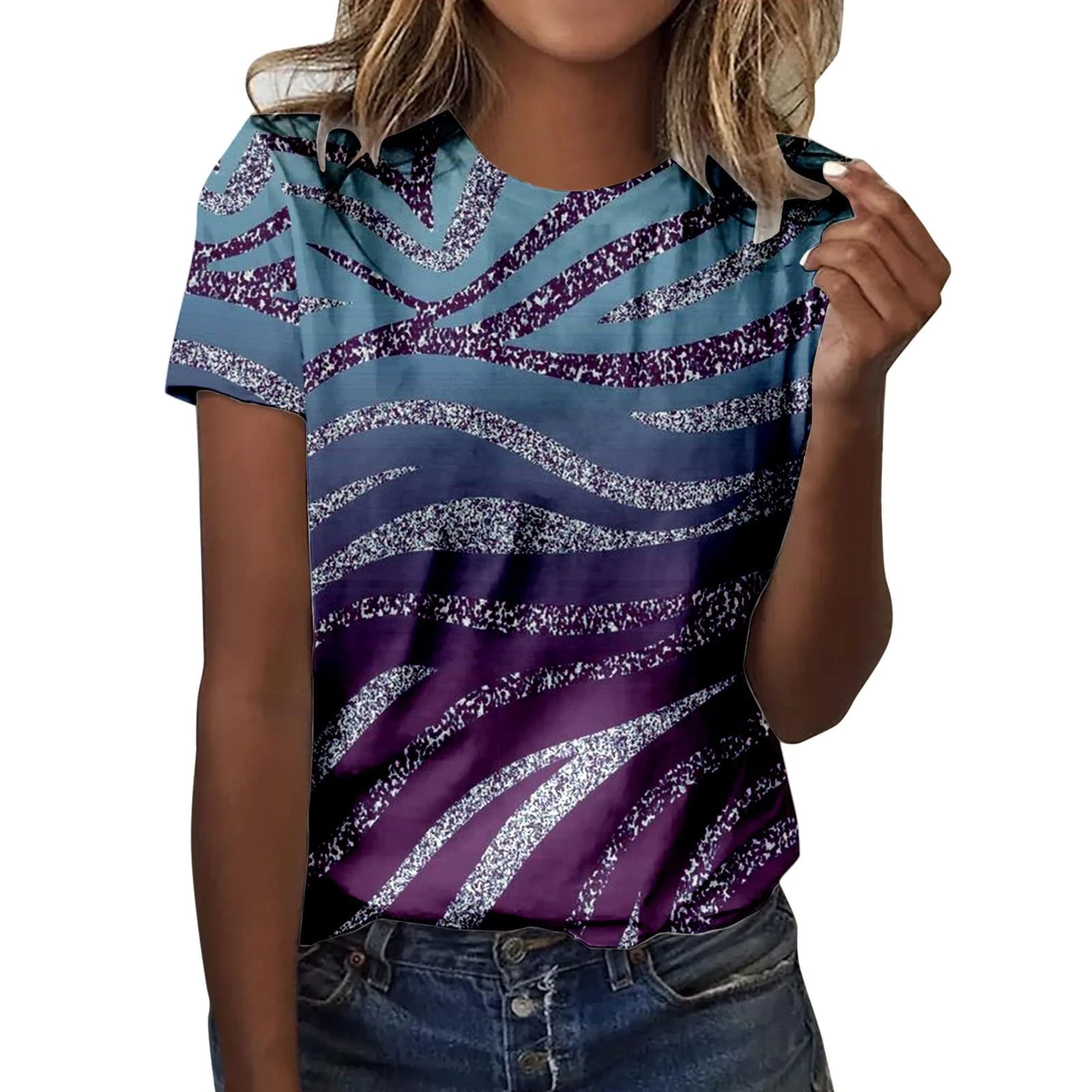 Cocila Women Vintage Floral Printed Crew Neck T Shirt Women Summer Casual Round Neck Short Sleeve Top Color Gradient Texture Print T Shirt Womens Polyester Spandex Shirt Purple