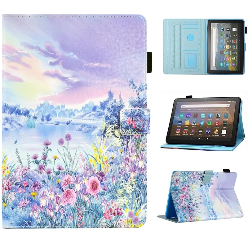 MOKASE for Amazon Kindle Fire HD 8/8 Plus Case (Fit 12th / 10th Generation 2024 2022 2020 Release), Slim PU Leather Stand Cover, Auto Wake/Sleep with Pen Holder for Fire HD 8/8 Plus, Purple Scenery