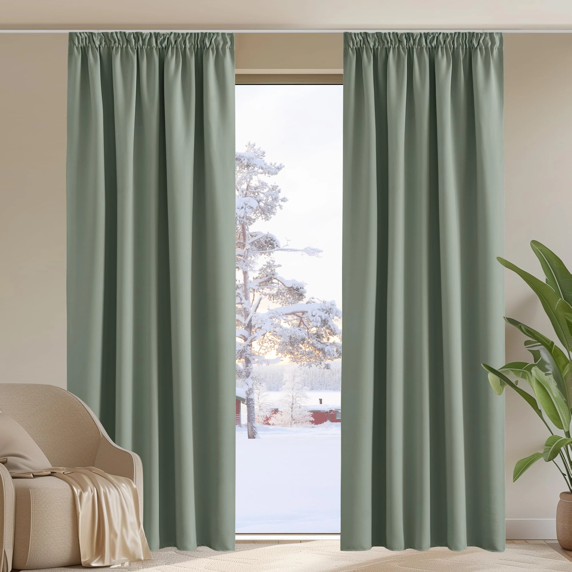 PONY DANCE Pencil Pleat Thermal Curtains 90 Inch Drop Sage Green - Bedroom Blackout Curtains Thermal Insulated Privacy Protected Windproof Drapes for Nursery Living Room, W90 X L90, 2 Panels