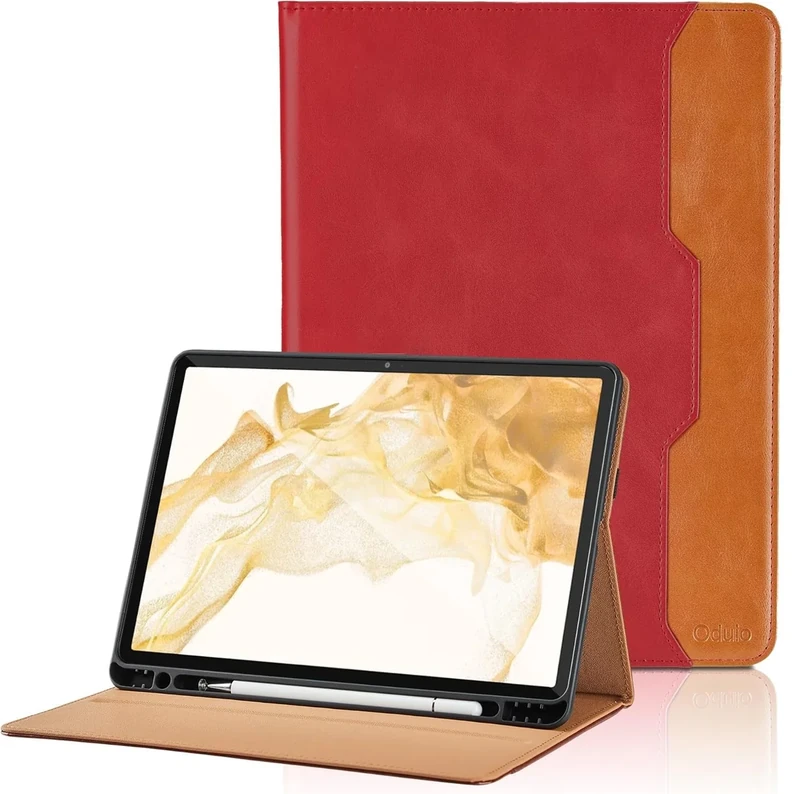 Case for Samsung Galaxy Tab S8 Plus 2022 /S7 FE 2021 /S7 Plus 2020 12.4 Inch Smart Bussiness Cover with Pocket & Pencil Holder, Hand Strap, Auto Wake/Sleep, Multi-angle Standing Function -Red