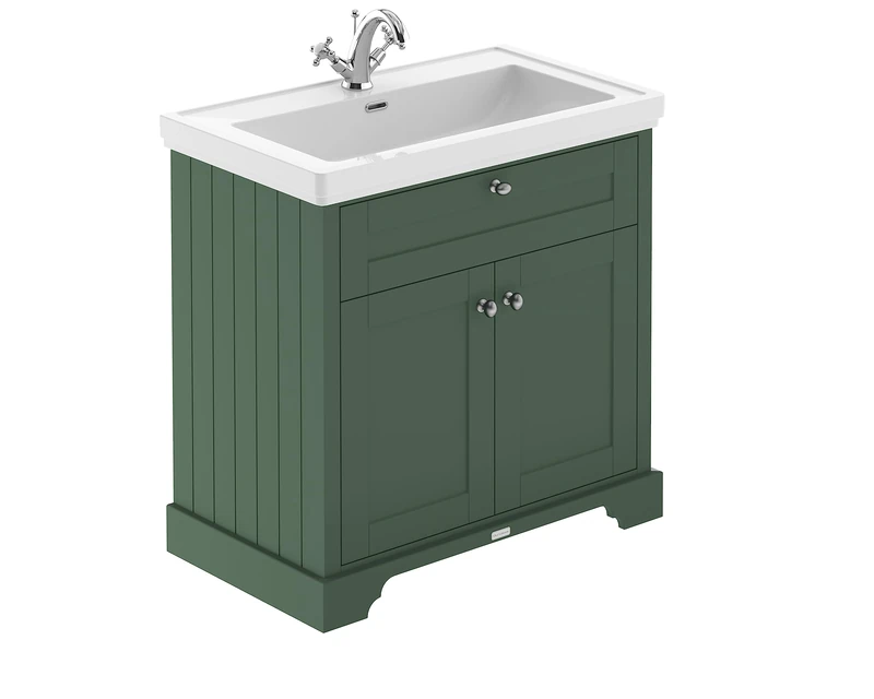 Hudson Reed LOF806 Old London Traditional Bathroom Floor Standing 2 Door Vanity Unit & 1 Tap Hole Fireclay Basin, 800mm, Hunter Green