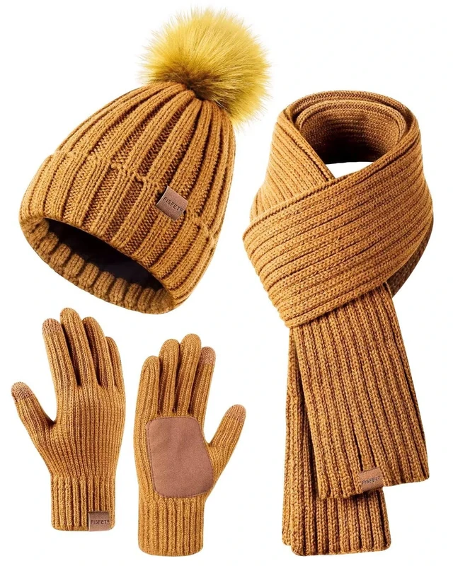 FISFET Women's Winter Hat, Scarf & Glove Set, Beanie Hat with Bobble Fleece Lined, Touchscreen Gloves, Scarf, Warmer Hat, One Size, Yellow