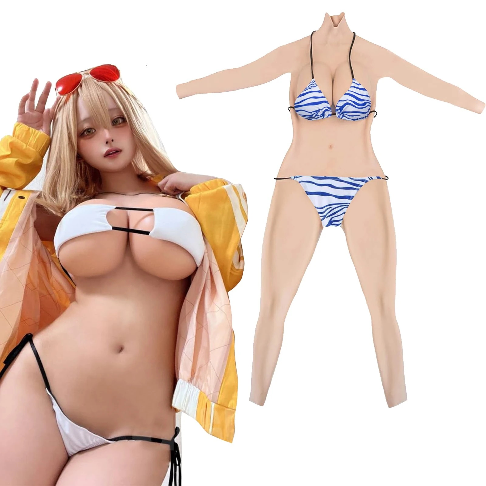 ALZRGORA Silicone Bodysuit Silicone Breasts Realistic Breast Plates D-G Cup for Crossdresser Transgender Cosplay, cream, F