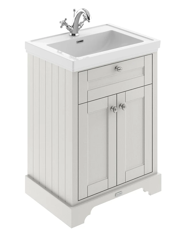 Hudson Reed LOF404 Old London Traditional Bathroom Floor Standing 2 Door Vanity Unit & 1 Tap Hole Fireclay Basin, 600mm, Timeless Sand