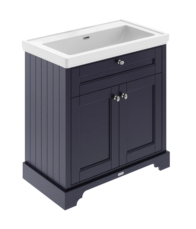 Hudson Reed LOF346 Old London Traditional Bathroom Floor Standing 2 Door Vanity Unit & 0 Tap Hole Fireclay Basin, 800mm, Twilight Blue