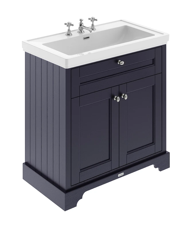 Hudson Reed LOF336 Old London Traditional Bathroom Floor Standing 2 Door Vanity Unit & 3 Tap Hole Fireclay Basin, 800mm, Twilight Blue