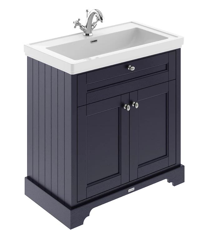 Hudson Reed LOF306 Old London Traditional Bathroom Floor Standing 2 Door Vanity Unit & 1 Tap Hole Fireclay Basin, 800mm, Twilight Blue