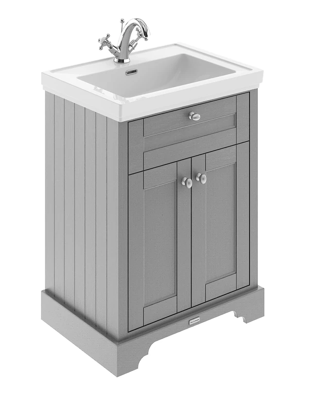 Hudson Reed LOF204 Old London Traditional Bathroom Floor Standing 2 Door Vanity Unit & 1 Tap Hole Fireclay Basin, 600mm, Storm Grey