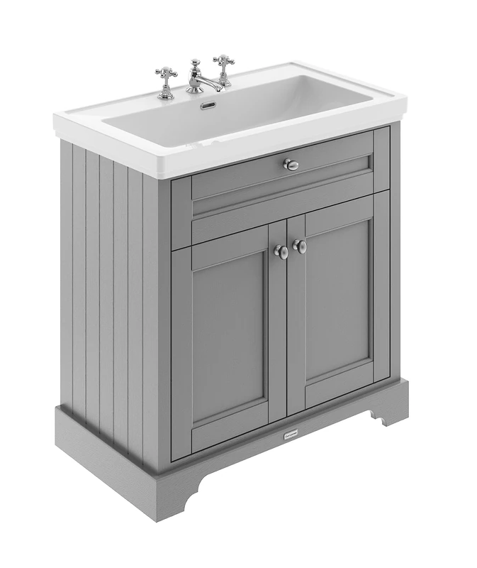 Hudson Reed LOF236 Old London Traditional Bathroom Floor Standing 2 Door Vanity Unit & 3 Tap Hole Fireclay Basin, 800mm, Storm Grey