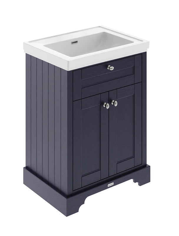 Hudson Reed LOF344 Old London Traditional Bathroom Floor Standing 2 Door Vanity Unit & 0 Tap Hole Fireclay Basin, 600mm, Twilight Blue