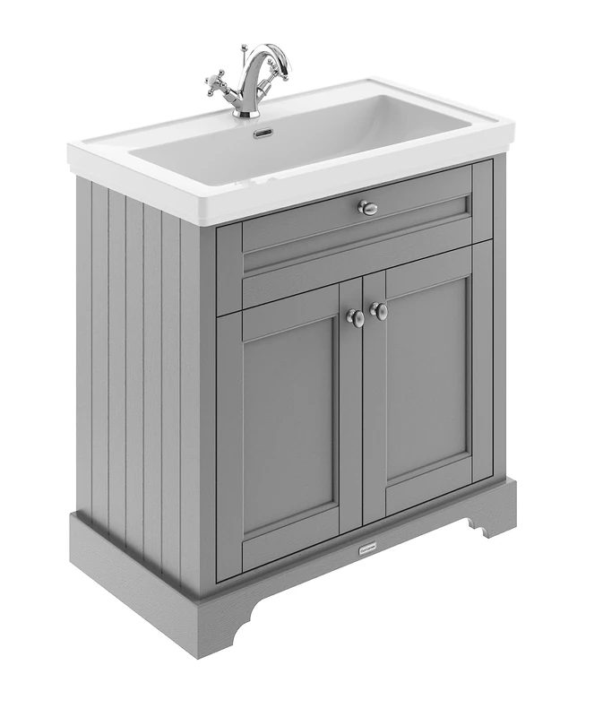 Hudson Reed LOF206 Old London Traditional Bathroom Floor Standing 2 Door Vanity Unit & 1 Tap Hole Fireclay Basin, 800mm, Storm Grey