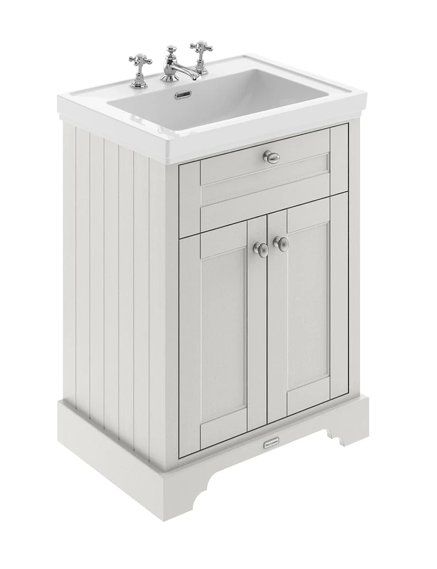 Hudson Reed LOF434 Old London Traditional Bathroom Floor Standing 2 Door Vanity Unit & 3 Tap Hole Fireclay Basin, 600mm, Timeless Sand