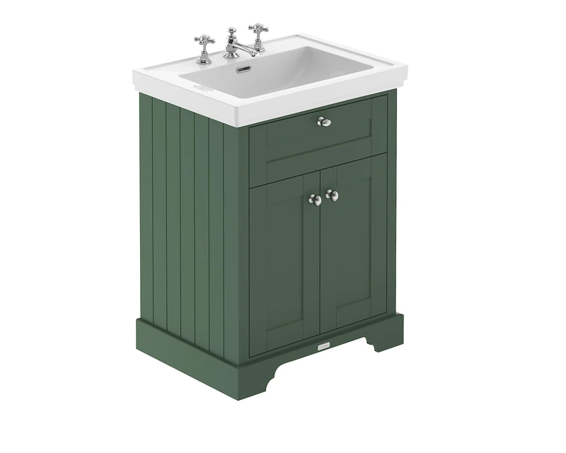 Hudson Reed LOF834 Old London Traditional Bathroom Floor Standing 2 Door Vanity Unit & 3 Tap Hole Fireclay Basin, 600mm, Hunter Green