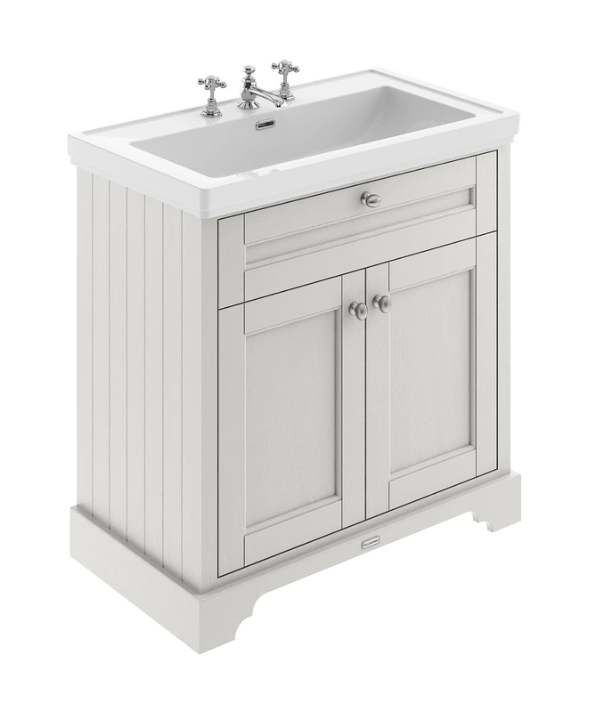 Hudson Reed LOF436 Old London Traditional Bathroom Floor Standing 2 Door Vanity Unit & 3 Tap Hole Fireclay Basin, 800mm, Timeless Sand