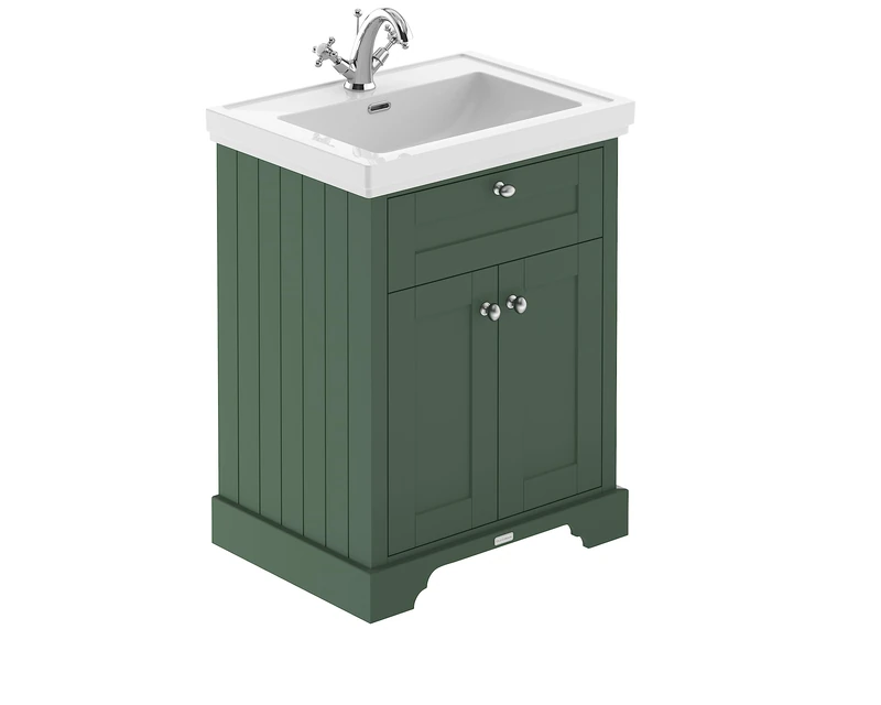 Hudson Reed LOF804 Old London Traditional Bathroom Floor Standing 2 Door Vanity Unit & 1 Tap Hole Fireclay Basin, 600mm, Hunter Green - Image 1