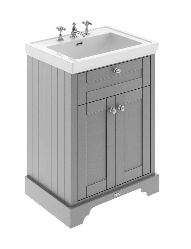Hudson Reed LOF234 Old London Traditional Bathroom Floor Standing 2 Door Vanity Unit & 3 Tap Hole Fireclay Basin, 600mm, Storm Grey