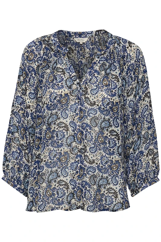 Part Two Women's Blouse V-Notch Neckline 3/4 Sleeves Relaxed Fit Fabric, Blue Paisley Print, XS