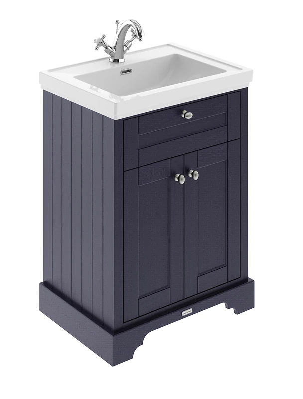 Hudson Reed LOF304 Old London Traditional Bathroom Floor Standing 2 Door Vanity Unit & 1 Tap Hole Fireclay Basin, 600mm, Twilight Blue