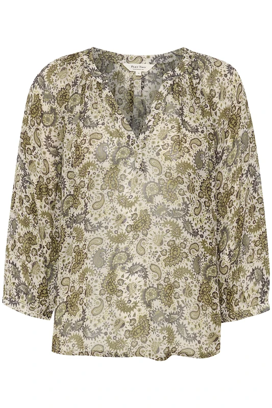Part Two Women's Blouse V-Notch Neckline 3/4 Sleeves Relaxed Fit Fabric, Green Paisley Print, XXS