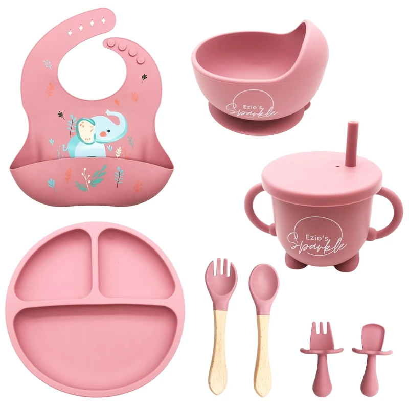 9-Piece Baby Weaning Set – BPA-Free Silicone Strong Suction Divided Plate, Bowl, Spoon, Fork, Bib w/Catcher–Microwave & Dishwasher Safe Baby Feeding Set-Baby Gifts - Pink