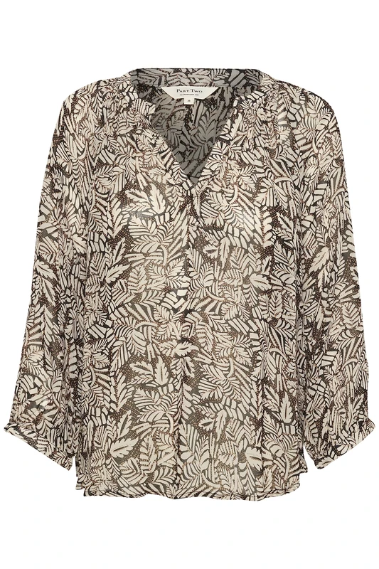 Part Two Women's Blouse V-Notch Neckline 3/4 Sleeves Relaxed Fit Fabric, Black Leaf Print, XXS