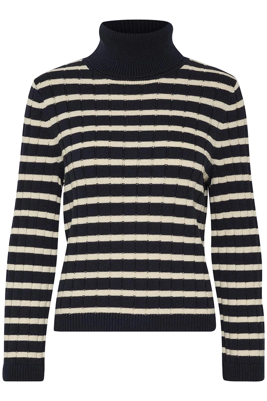 Part Two Women's Pullover Rollneck Regular Fit Long Sleeves Knitted Top, Dark Navy Stripe, Small
