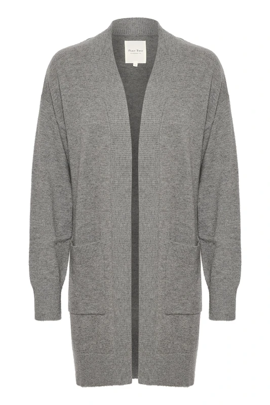 Part Two Women's Cardigan Relaxed Fit Open Front Long Sleeves Pockets Sweater, Medium Grey Melange, Large