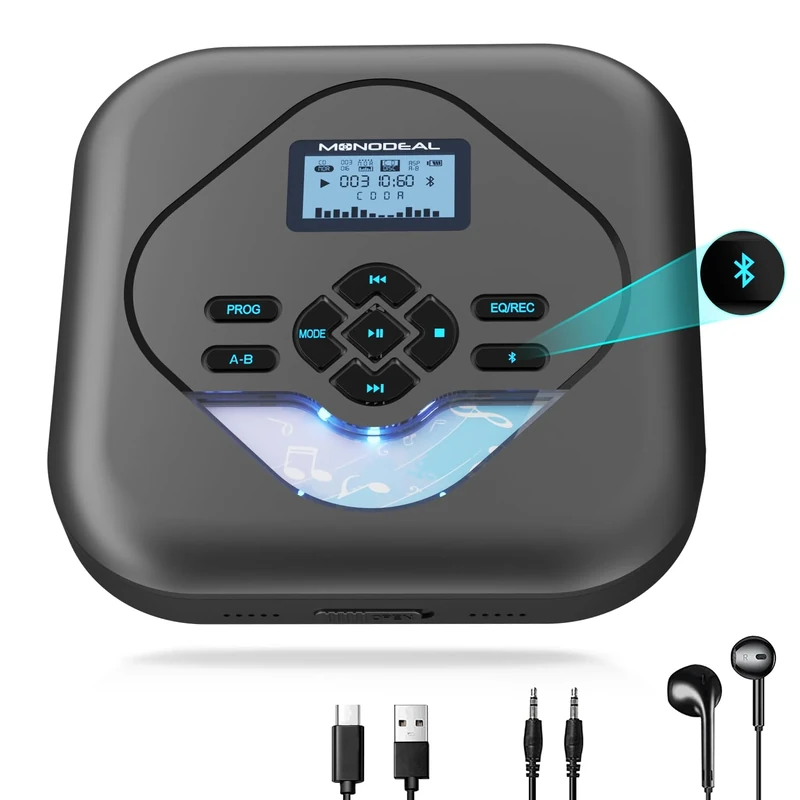 MONODEAL CD Player Portable with Speaker, 2023 Bluetooth, Built-in Burning Function, Rechargeable Speakers, Personal for Car, Anti-Skip Player, Black