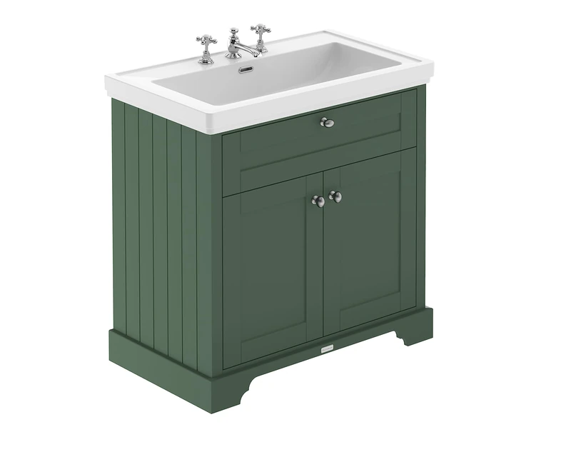 Hudson Reed LOF836 Old London Traditional Bathroom Floor Standing 2 Door Vanity Unit & 3 Tap Hole Fireclay Basin, 800mm, Hunter Green
