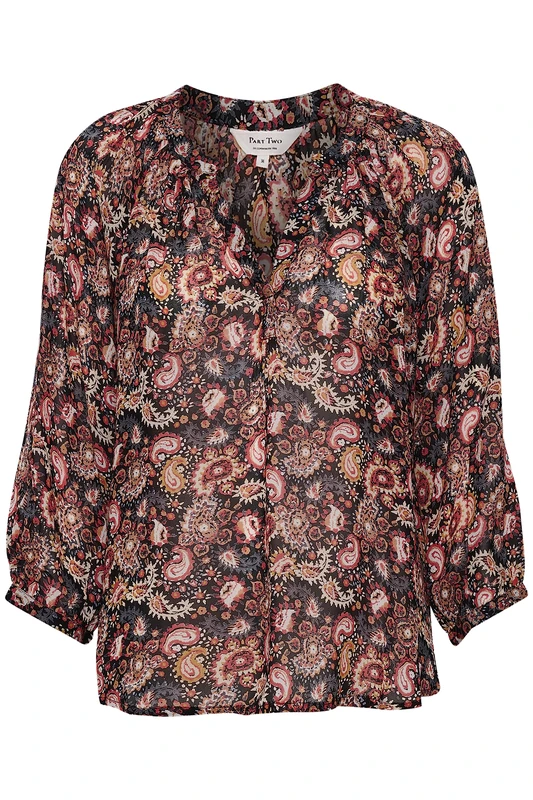 Part Two Women's Blouse V-Notch Neckline 3/4 Sleeves Relaxed Fit Fabric, Black Paisley Print, 12 (M)