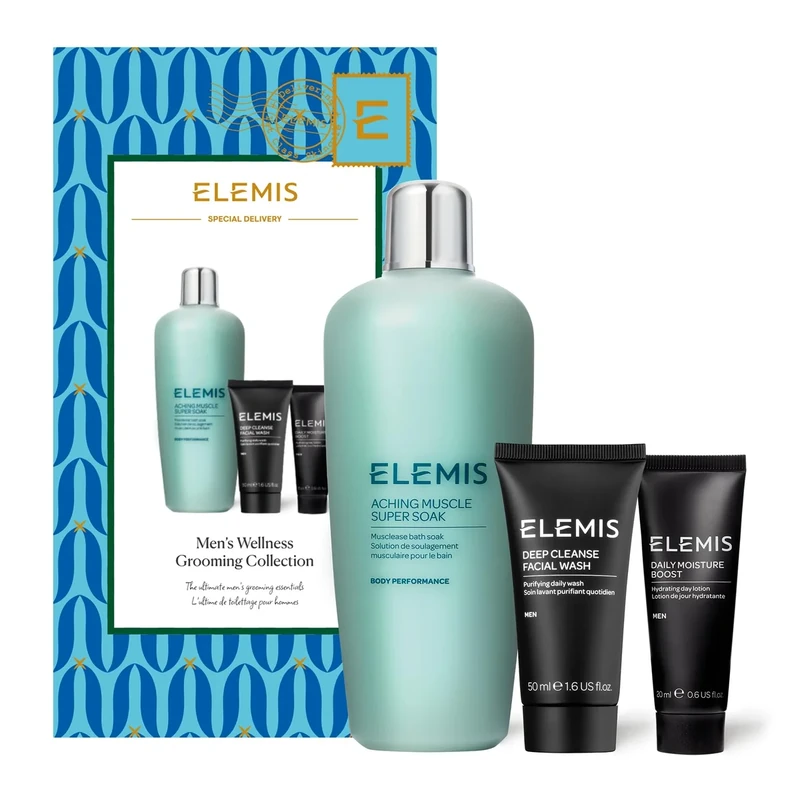 Elemis Limited Edition Men's Wellness Grooming Collection, Luxury Bath & Skincare Bundle Gift Set, Full Size Aching Muscle Super Soak, Travel Deep Cleansing Face Wash & Daily Moisturiser