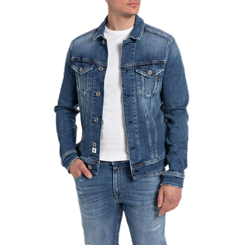 Replay Men's Denim Jacket Made of Aged Denim, Blue (Medium Blue 009), S